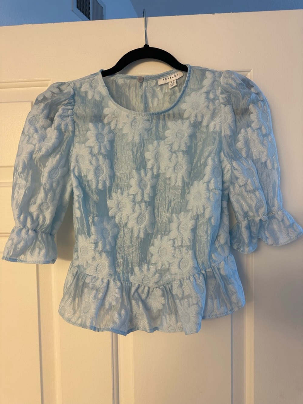 Topshop Light Blue Floral Lace Puff Sleeve Blouse